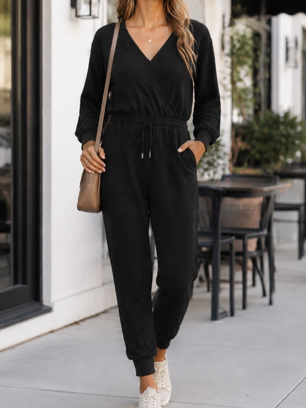 L*Space Black Coastin' Jumpsuit Ribbed Long Sleeve Black Lounge Size Large L